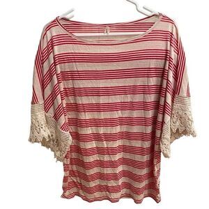 Madigan Blouse Womens L Red Crème Stripe Victorian  Lace Dolman Sleeve Boatneck